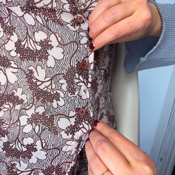 REISS Burgundy & Pink 100% Silk Japanese Floral Spring Flounce Blouse 12/ XS-S - Picture 4 of 8
